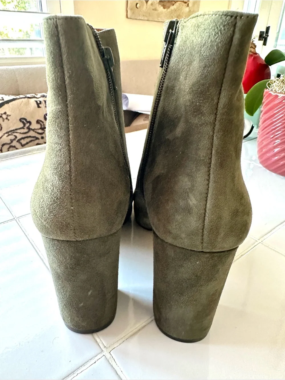 Nine West Olive Green Suede Leather Ankle Boots 9M Block Heel